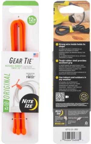 Nite Ize Reusable Rubber Twist Gear Tie, 12 in, 2 Pack, Bright Orange, 12, GT12-31-2R3