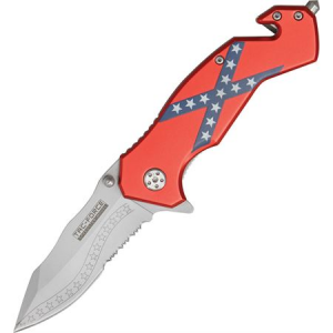 Tac Force Knives 663DF Assisted Opening Part Serrated Linerlock Folding Pocket Knife with Red Flag Design Aluminum Handles