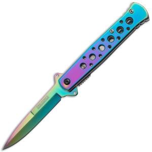 Master Cutlery Tac-Force Spring Assisted Linerlock Stiletto with Rainbow Coated Stainless Steel Handle with Rainbow Coated Stainless Steel 3” Plain Edge Spear Point Blade Model TF-698RB