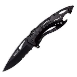 Tac-Force Tactical Spring Assisted Knife with Black Aluminum Handle and Black Stainless Steel Partially Serrated Drop Point Blade Model TF-705BK