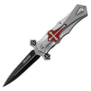 Tac-Force Cross Spring Assisted Knife with Silver Aluminum Handle and Black Stainless Steel Spear Point Blade Model TF-817RD