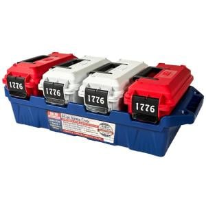 MTM Limited Edition 1776 Multi-Can Ammo Crate .30 Cal, 4-Can Portable Bulk Ammo Storage, Red/White Cans, Blue Crate - 10026057362912