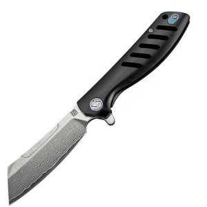 Artisan 1815GSDBK Damascus Blade Tomahawk Framelock Knife with Black Titanium Handle