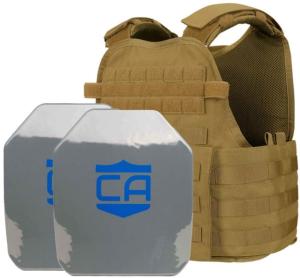 Caliber Armor AR550 Level III+ Body Armor and Condor MOPC Package, PolyShield Spall Coat w/SAPI Cut, Coyote Brown, Medium-2XL, 19-AR550-MOPC-SAPI-SPC-CB