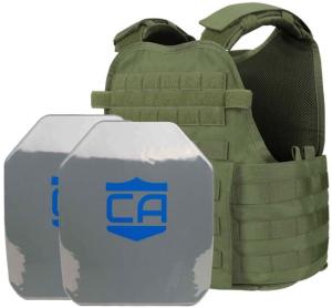 Caliber Armor AR550 Level III+ Body Armor and Condor MOPC Package, PolyShield Spall Coat w/SAPI Cut, OD Green, Medium-2XL, 19-AR550-MOPC-SAPI-SPC-OD