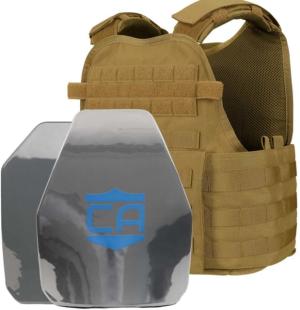 Caliber Armor AR550 Level III+ Body Armor and Condor MOPC Package, PolyShield Spall Coat w/Shooters and SAPI Cut, Coyote Brown, Medium-2XL, MOPC-SAPI-SC-SPC-CB
