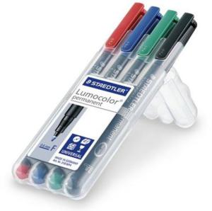 Staedtler Lumocolor Permanent F Width Pen Pack - 4 Colors w/ Stand-Up Box - Red, Blue, Green, Black, 318 WP4