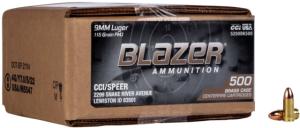 CCI Blazer Brass 9mm Luger 115 Grain FMJ Brass Cased Centerfire Pistol Ammo, 500 Rounds, 5200BK500