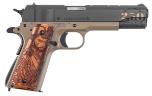 Auto-Ordnance 1911BKOC15 1911 Army Sports South Exclusive Full Size Frame 45 ACP 7+1 5" Stainless Steel Barrel OD Green Cerakote With Engraving Steel Serrated Slide Coyote Tan Cerakote Steel Frame With Beavertail Custom Wood Grip