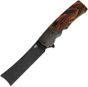 Bestech Knives Spanish Tip Razor Framelock Folding Knife, 3.75 black stonewash finish Bohler M390 stainless, Black and orange G10 handle, BT2101D