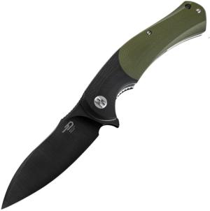 Bestech Knives Penguin Linerlock Folding Knife, 3.63 black finish D2 tool steel blade, Black and green G10 handle, BG32E