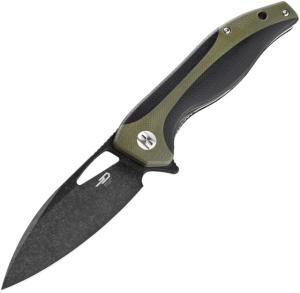 Bestech Knives Komodo Linerlock Green Folding Knife, 3.38 black stonewash finish D2 tool steel blade, Black and green G10 handle, BG26D