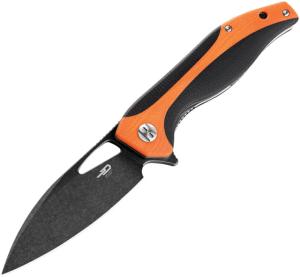 Bestech Knives Komodo Linerlock Folding Knife, 3.38 black stonewash finish D2 tool steel blade, Black and orange G10 handle, BG26E