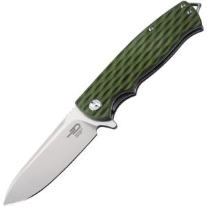 Bestech Knives Grampus G10 Linerlock Folding Knife, 3.5in Satin D2 Tool Steel Drop Point, OD Green Sculpted G10 Handle, Pocket Clip, OD green, BG02B