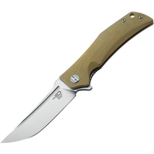 Bestech G05C1 Scimitar Clip Point Satin Finish Blade Linerlock Folding Pocket Knife with Tan G-10 Handle