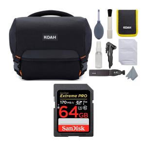 Koah Roebling Street Camera System Gadget Bag with Accessory, Cleaning Kit with SanDisk 64GB SD Card in Black