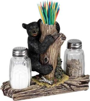 RIVERS EDGE BEAR HOLDING GLASS SALT & PEPPER SHAKERS W/THTPCK