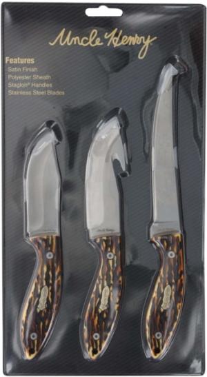 Uncle Henry Staglon 3 Knife Set w/Poly Sheath, 4.5in/4in/3.5in, Stainless Steel, Fixed Blade, Bone, Staglon Handle, 1183289