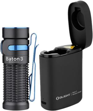 Olight Baton 3 Premium Edition w/ Wireless Charging Case LED Flashlight, Cool White, 1200 Lumens, Black, FL-OL-BATON3-KIT-BK