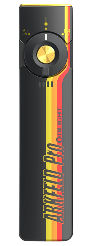 Olightstore Usa Inc ARKFELDPRO3RRSV3 Arkfeld Pro Black/Racing Stripes 1/15/100/420/1,300 Lumens White LED Green Laser UV Light