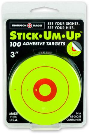 Thompson Target Stick-Um-Up 3in Adhesive Targets In Re-Close Container, 100 Pack, Green, Extra Small, 6220-100