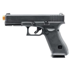 Umarex Glock 17 Gen5 GBB Airsoft Pistol . Uses 6mm airsoft BBs 23-round drop free magazine Gas blowback action Max. velocity: 325 FPS Full-metal slide Textured grip Fixed front blade sight Fixed rear notch sight Weaver under-muzzle accessory rail Adjustab
