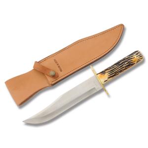 Bear & Son American Bowie with India Stag Bone Handle and Sandvik 12C27M Stainless Steel 9.063" Clip Point Plain Edge Blade and Leather Belt Sheath Model 502