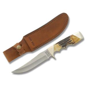 Bear & Son Trophy Hunter with India Stag Bone Handle and Stainless Steel 5.125" Skinner Plain Edge Blade and Leather Belt Sheath Model 577