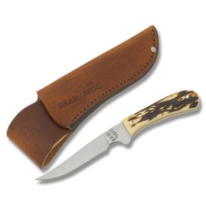 Bear & Son Small Bird and Trout Knife with Imitation Stag Handle and High Carbon Stainless Steel 3.50" Spear Point Plain Edge Blade and Leather Belt Sheath Model 751