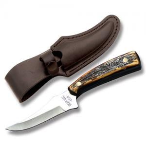 Bear & Son Upswept Skinner with Imitation Stag Handle and High Carbon Stainless Steel 3.25" Skinning Plain Edge Blade and Leather Belt Sheath Model 753