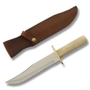 Bear & Son American Bowie with White Smooth Bone Handle and Hollow Ground High Carbon Stainless Steel 8.375" Bowie Plain Edge Blade and Leather Belt Sheath Model WSB02