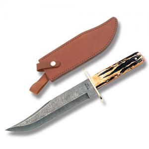 Bear & Son Damascus American Bowie with India Stag Bone Handle and Damascus Steel 7.625" Clip Point Plain Edge Blade and Leather Belt Sheath Model 501D