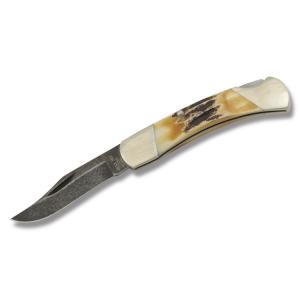 Bear & Son Damascus Slimline Lockback 3.75"  with India Stag Bone Handle and Damascus Steel Plain Edge Blade Model 505D