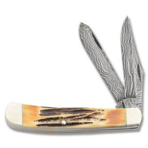 Bear & Son  Damascus Large Trapper 4.125"  with India Stag Bone Handle and Damascus Steel Plain Edge Blades Model 554D