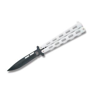 Bear & Sons Cutlery Traditional Butterfly Knife with White Powder Coated Cast Metal Handles and Black Powder Coated 1095 Carbon Steel Clip Point Plain Edge Blades Model 115W