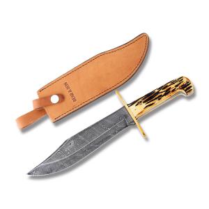 Bear & Son Cutlery 11 3/4 Genuine India Stag Bone Damascus Bowie With Leather Sheath - 500D 3/4