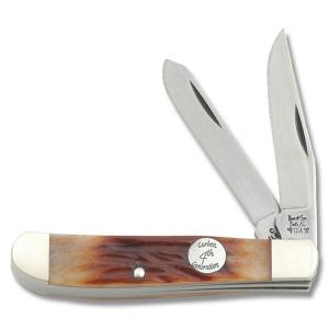 Bear and Son Cutlery 4th Generation Small Trapper 3.50" with Red Stag Bone Handle and Carbon Steel Plain Edge Blades Model CRSB07