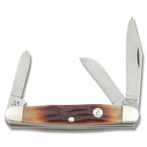 Bear and Son Cutlery 4th Generation Midsize Stockman 3.25" with Red Stag Bone Handle and Carbon Steel Plain Edge Blades Model CRSB18