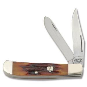Bear & Son Cutlery 4th Generation Little Trapper 3" with Red Stag Bone Handle and Carbon Steel Plain Edge Blades Model CRSB54 1/2