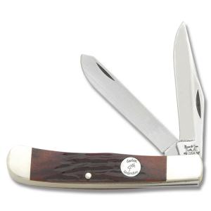 Bear and Son Cutlery 4th Generation Trapper 4.25" with  Red Stag Bone Handle and Carbon Steel Plain Edge Blades Model CRSB54