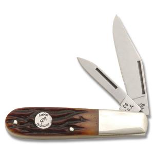 Bear and Son Cutlery 4th Generation Barlow 3.50" with Red Stag Bone Handle and Carbon Steel Plain Edge Blades Model CRSB281