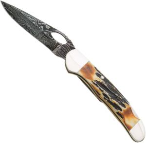 Bear and Son Knives Locking Cowhand Folding Knife, 3.25in, Damascus Steel, Genuine India Stag Bone Handle w/ Pocket Clip, 5150LD