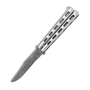 Bear and Son SS14D Damascus Butterfly Knife with Stainless Steel Handle and Damascus Steel 3.375" Clip Point Blade Model SS14D