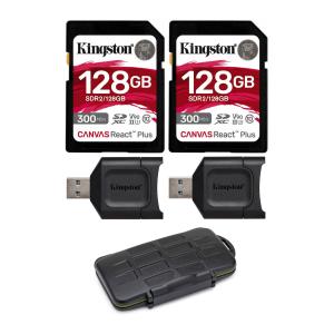 Kingston Canvas React Plus 128GB U3 V90 SDXC UHS-II SD Card (2-Pack) with Accessories Bundle in Black