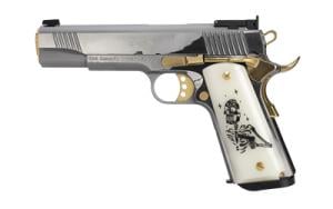 Girsan MC1911 LIBERADOR III, Semi-auto, 1911, Metal Frame Pistol Full Size, 9MM, 5 in Barrel, Polished Stainless Steel Finish, Silver with Gold Trim, Custom Engraved Pearl Grips, Adjustable Rear Sights, 10 Rounds, 1 Mag 391051