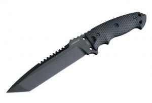 Hogue EX-F01 7in Fixed Tanto A-2 Steel Blade w/Black Automatic Retention Sheath, Black Finish, G10 Solid Black Scales, 35109