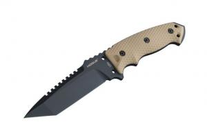 Hogue EX-F01 5.5in Fixed Tanto A-2 Steel Blade w/Black Automatic Retention Sheath, Black Finish, G10 Flat Dark Earth Scales, 35127