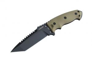 Hogue EX-F01 5.5in Fixed Tanto A-2 Steel Blade w/Black Automatic Retention Sheath, Black Finish, G10 Olive Drab Green Scales, 35128