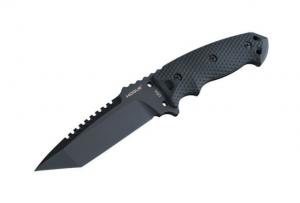 Hogue EX-F01 5.5in Fixed Tanto A-2 Steel Blade w/Black Automatic Retention Sheath, Black Finish, G10 Solid Black Scales, 35129