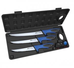 Outdoor Edge Cutlery Reel Flex Pak, German 4116 Stainless Steel 6/7.5/9.5in Blade w/ Knife Sharpener and Hard Sided Case - 5 Piece Set, Black/Blue, RFP-6